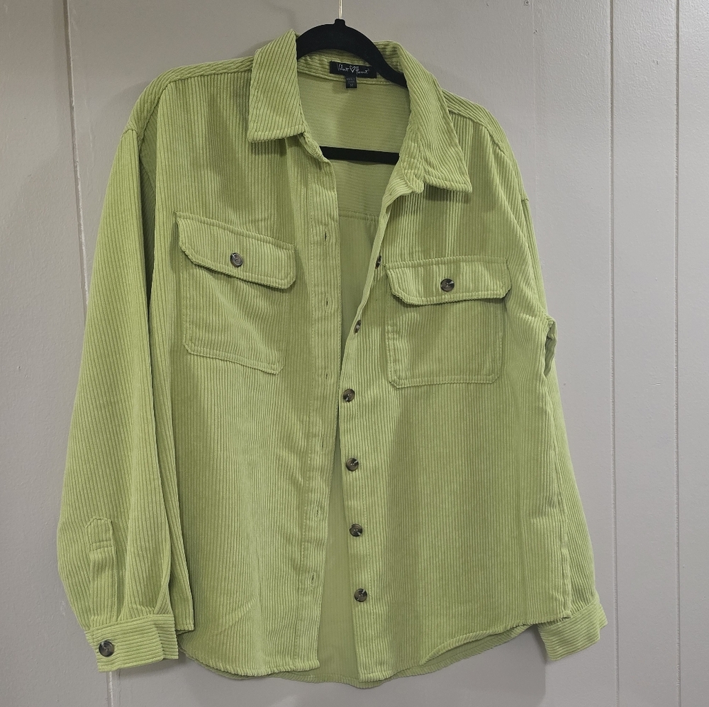 Lime Green Corduroy Button-Up Shirt - MED